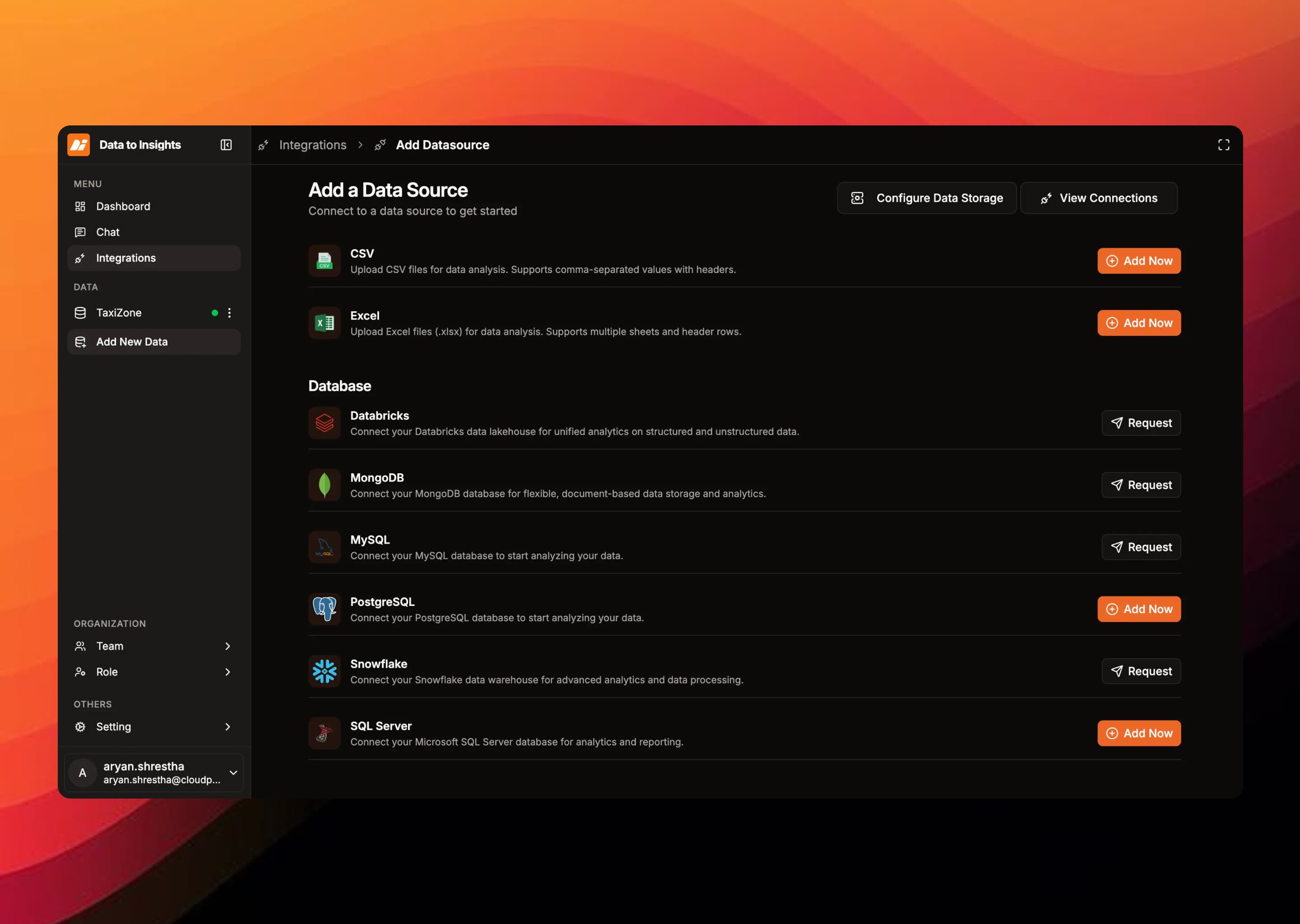 Product screen for connecting a datasource