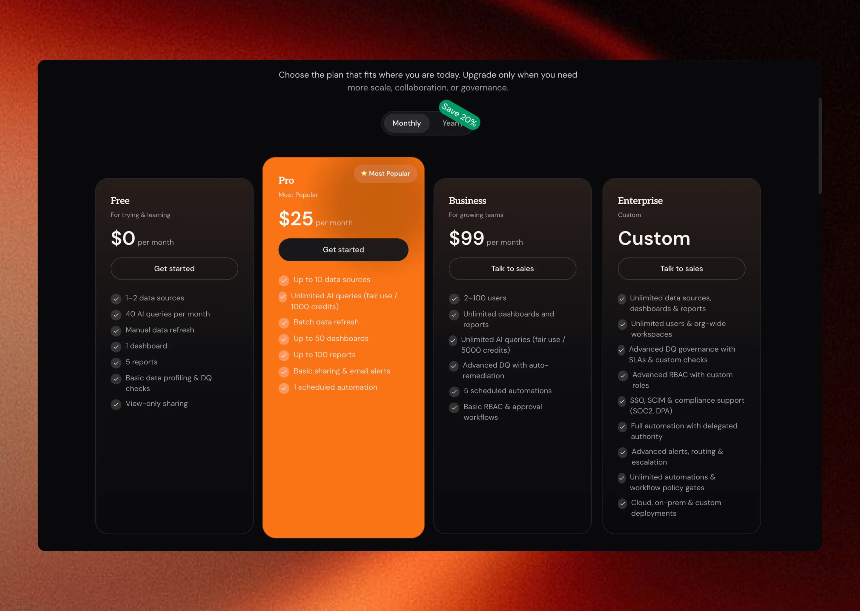 Product screen for choosing a subscription plan