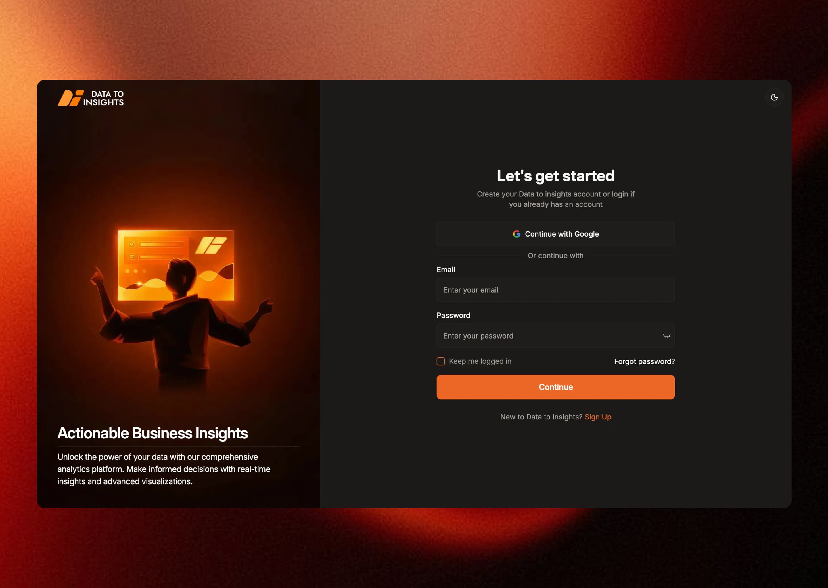 Sign up screen for creating a DataToInsights account
