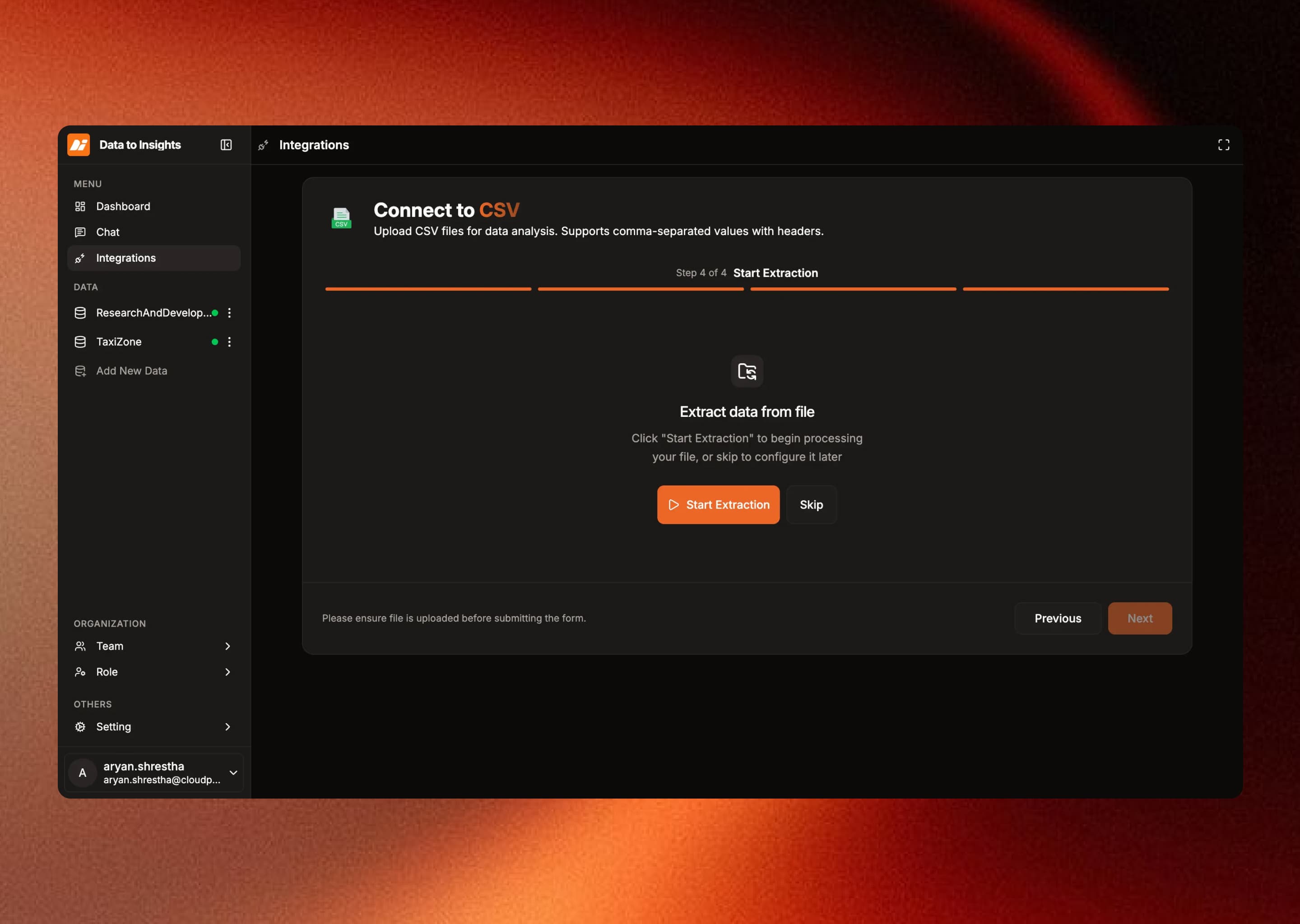Product screen for starting data ingestion