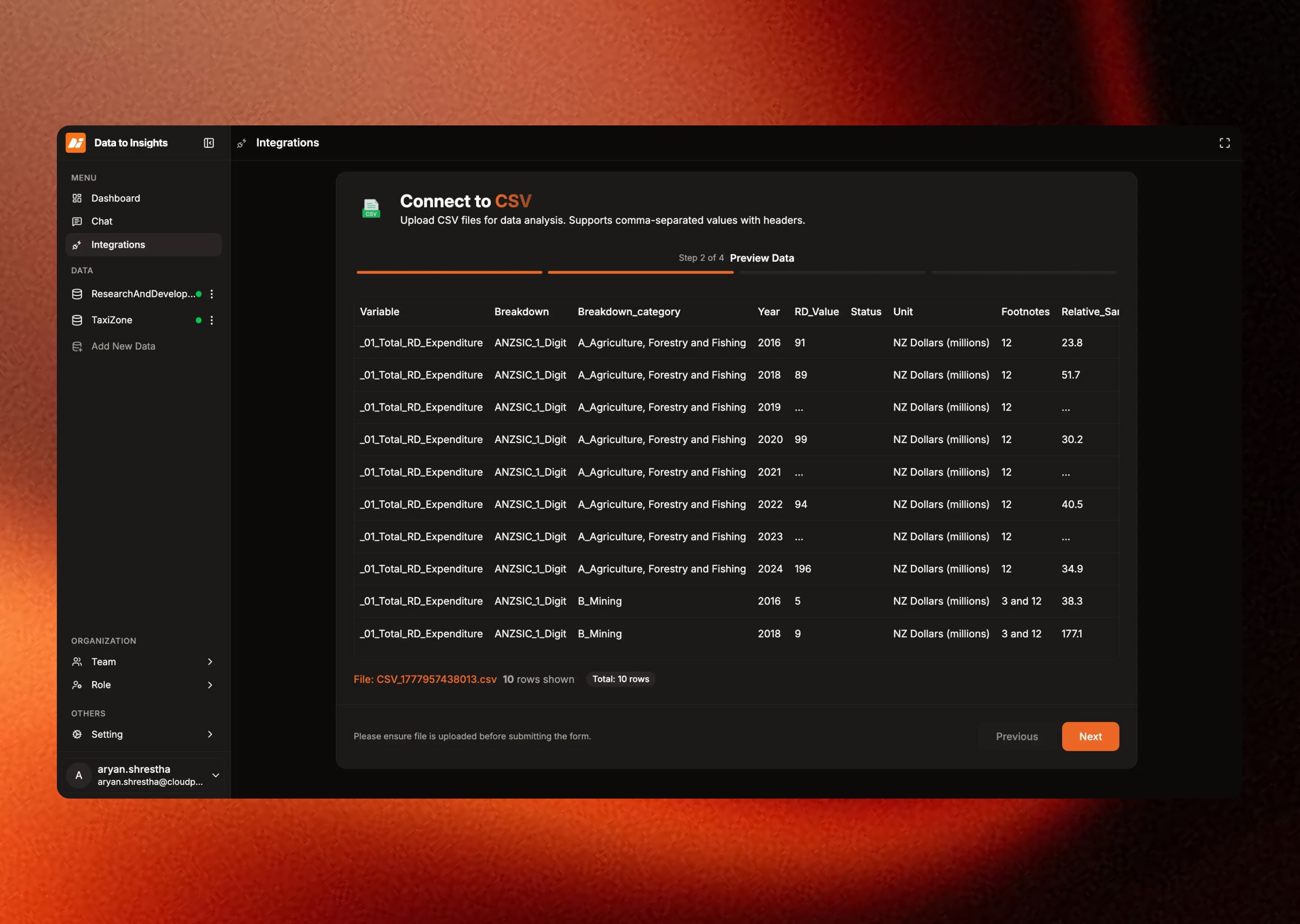 Product screen for testing the connection and previewing data