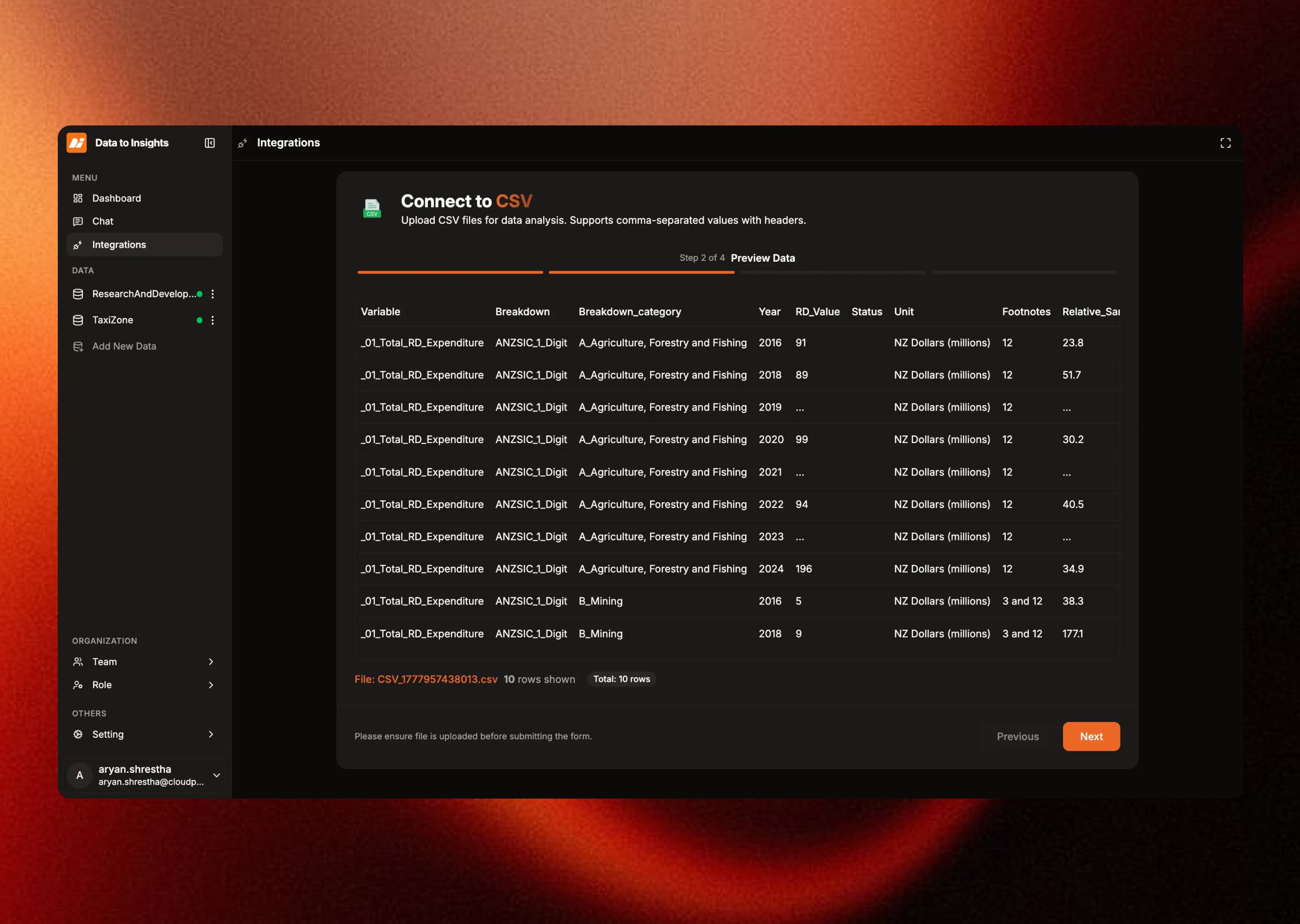 Product screen for validating connection and previewing data